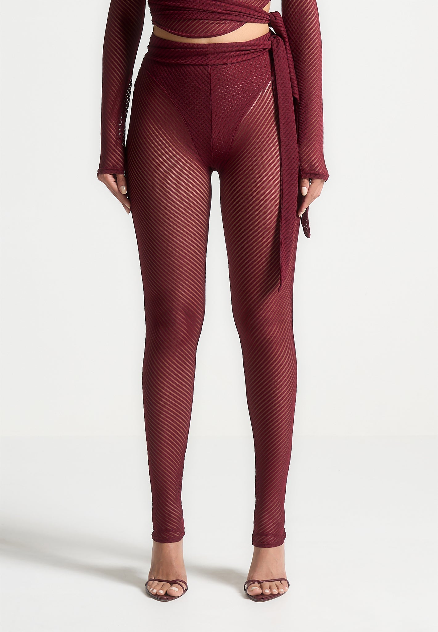 Ribbed Sheer Leggings with Tie - Wine Red