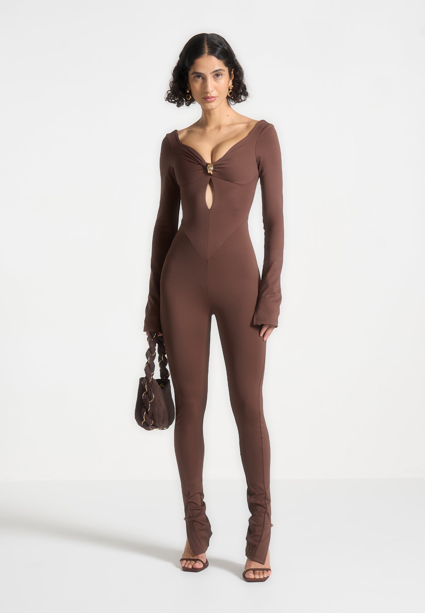 Twisted Bust Off Shoulder Jumpsuit - Brown