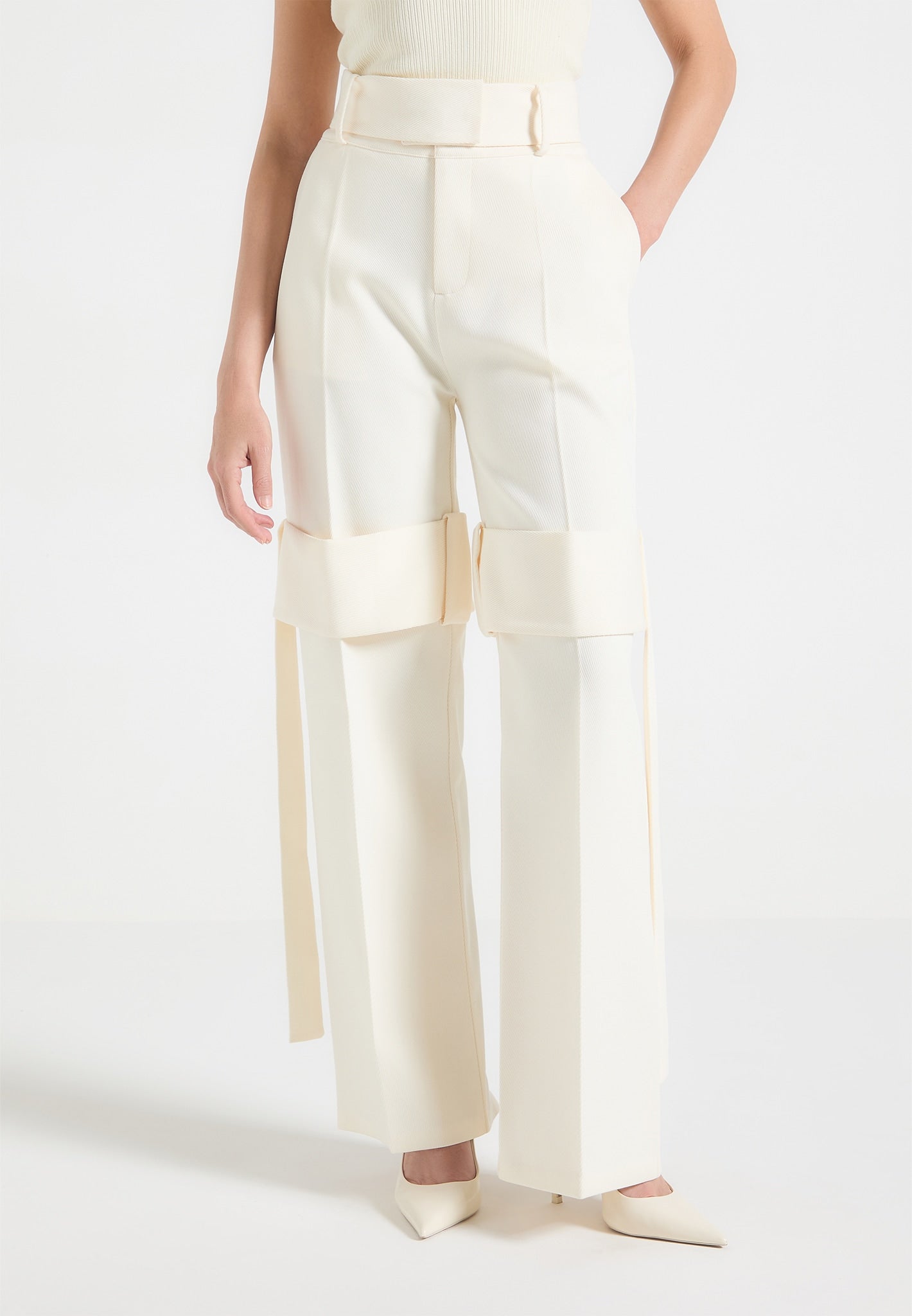 Tailored Belted Strap Detail Trousers - Cream