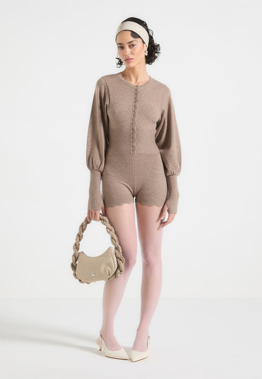 Knitted Scallop Hem Playsuit - Taupe