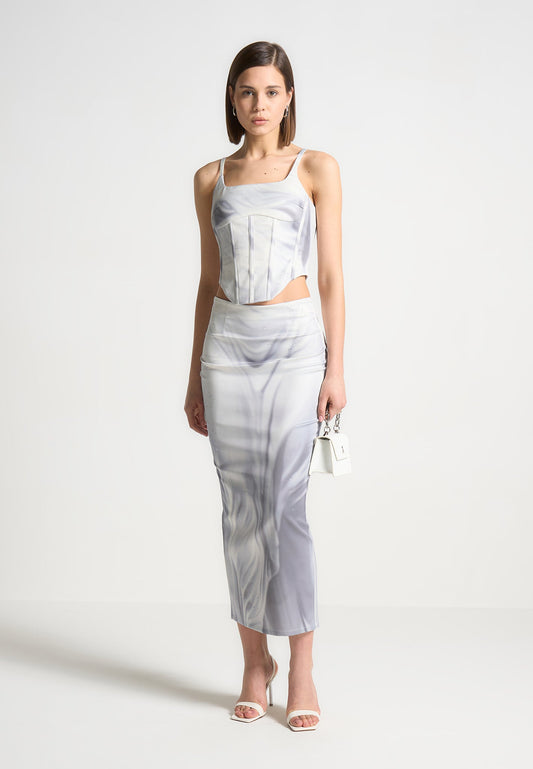 Satin Renaissance Body Print Midaxi Skirt - Off White