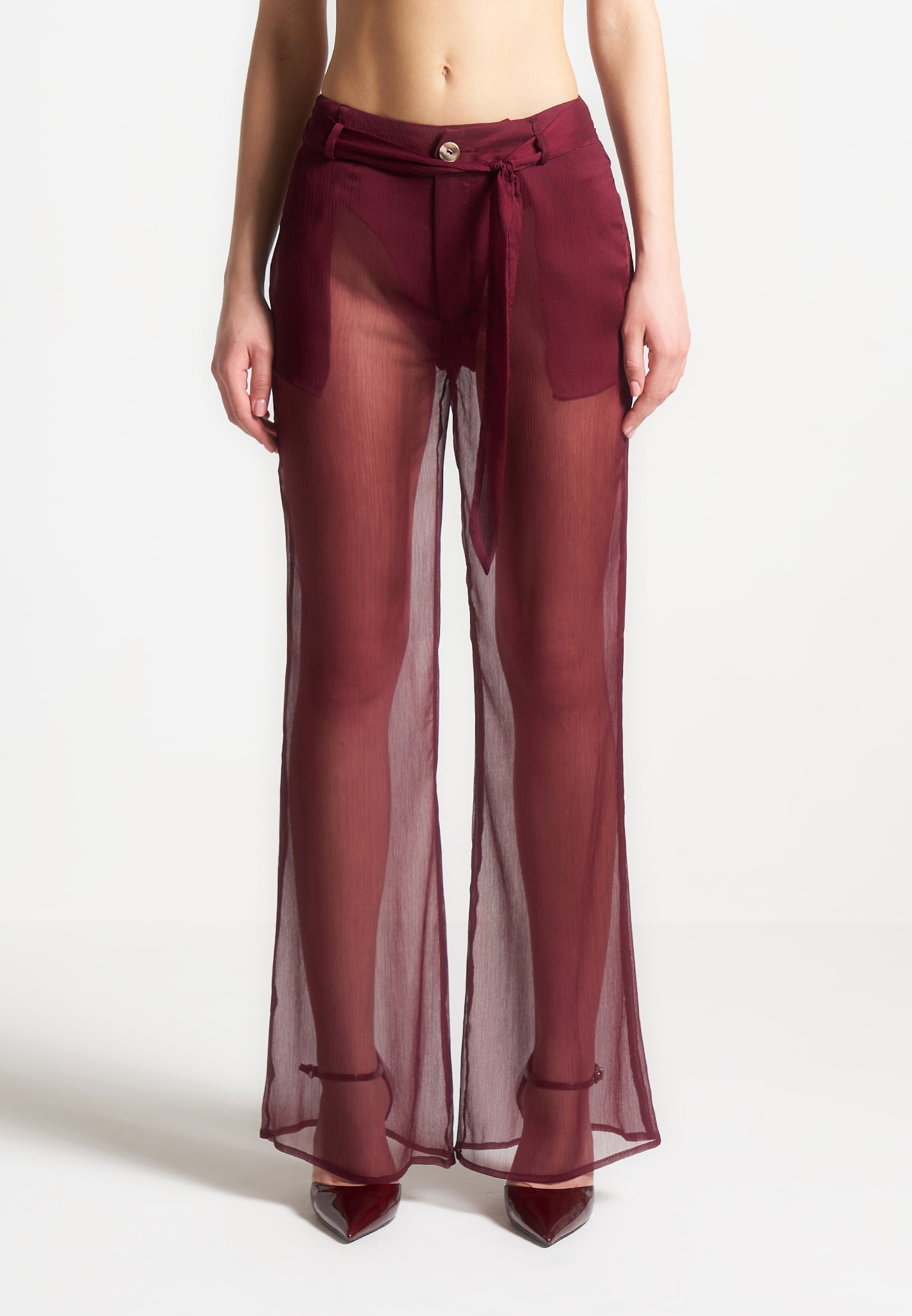 Sheer Belted Trousers - Wine Red