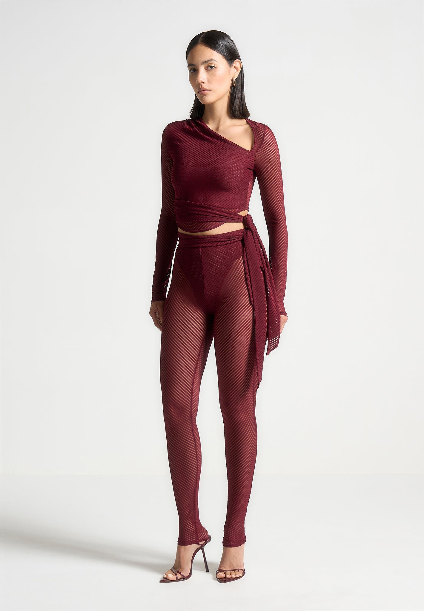 Ribbed Sheer Top with Tie - Wine Red