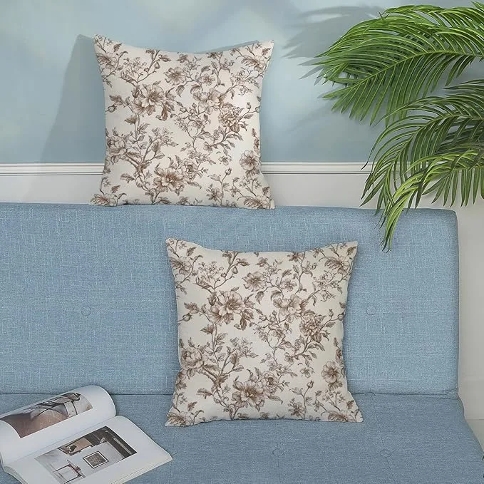 Brown Floral Linen Pillow Covers Set of 2 - Image 2