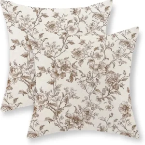 Brown Floral Linen Pillow Covers Set of 2
