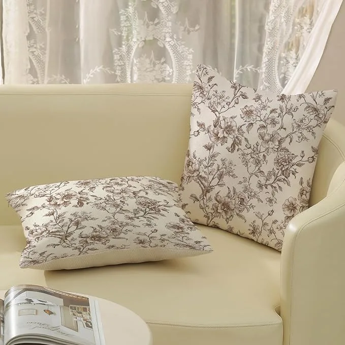Brown Floral Linen Pillow Covers Set of 2 - Image 4