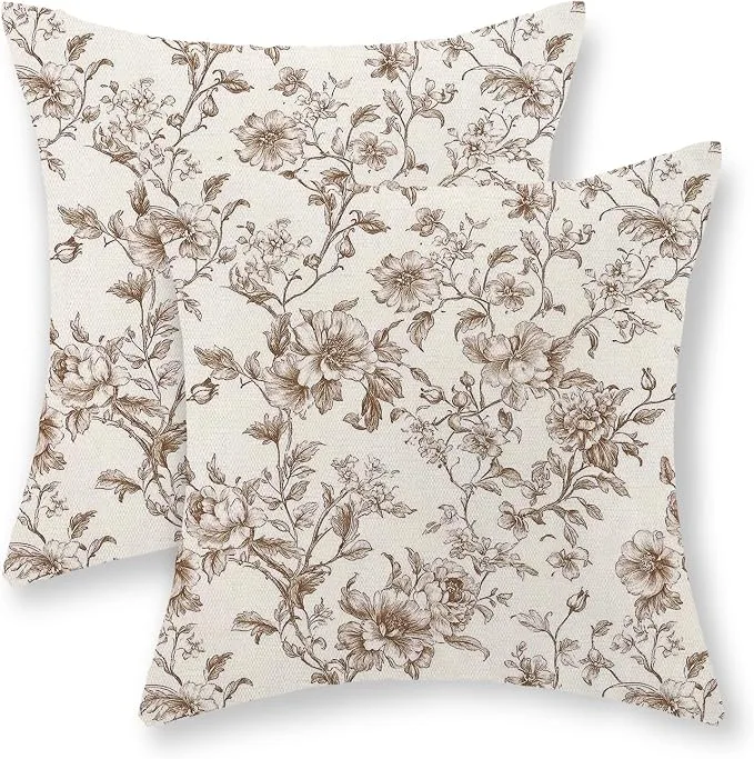 Brown Floral Linen Pillow Covers Set of 2